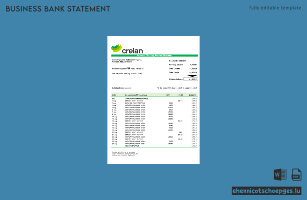 Beispiel eines Kontoauszugs der Crelan Bank Company im Word- und PDF-Format